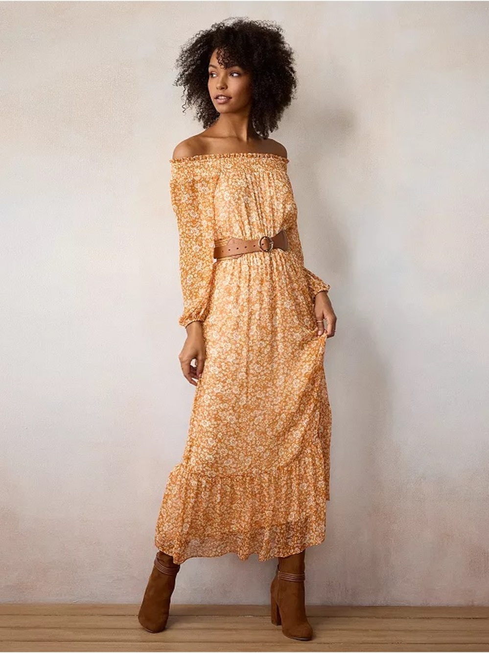 LC Lauren Conrad Off-Shoulder Floral Maxi Dress in rusty fall orange XS